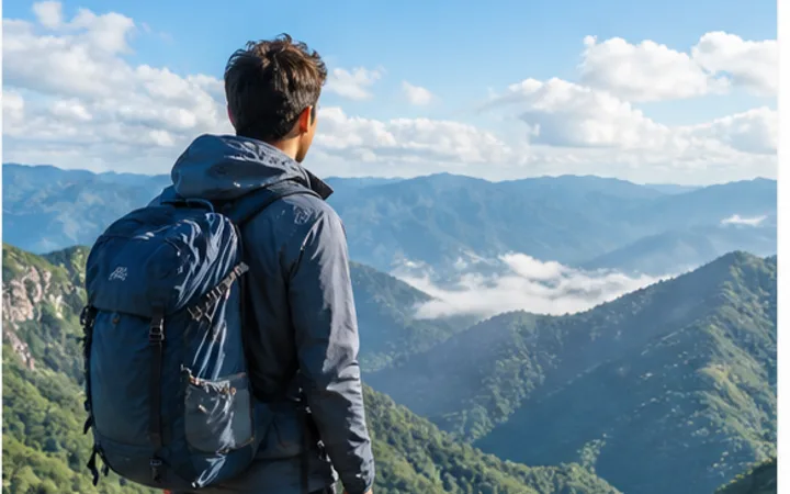 Viajante com mochila olhando uma paisagem de montanhas.