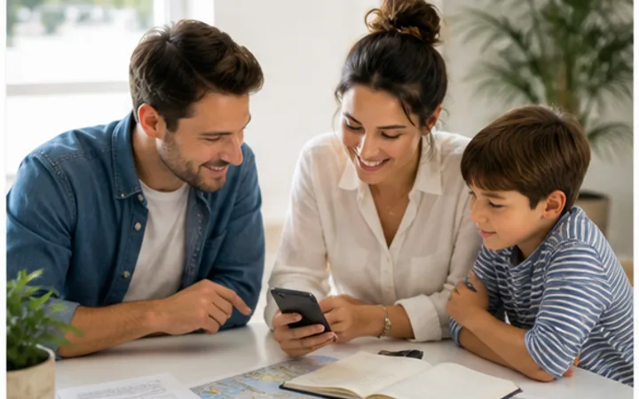 Família planejando uma viagem com mapa e celular sobre a mesa.