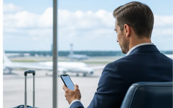 Viajante profissional consultando o celular em um aeroporto.